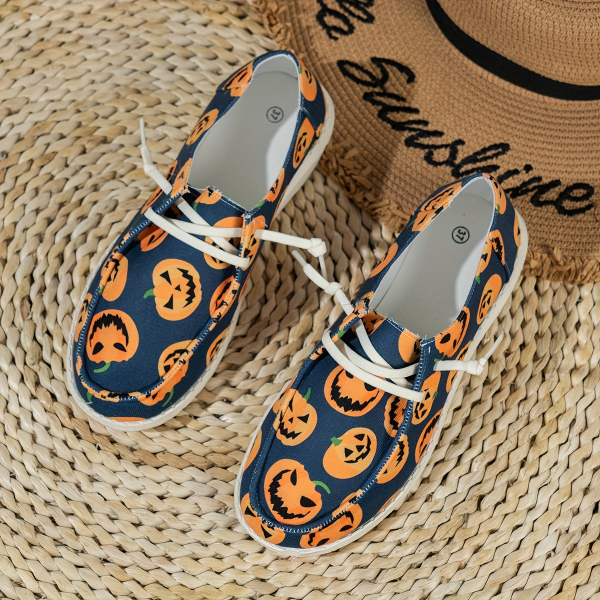 Spooktacular Style: Women's Pumpkin Print Canvas Shoes for a Festive Halloween Look