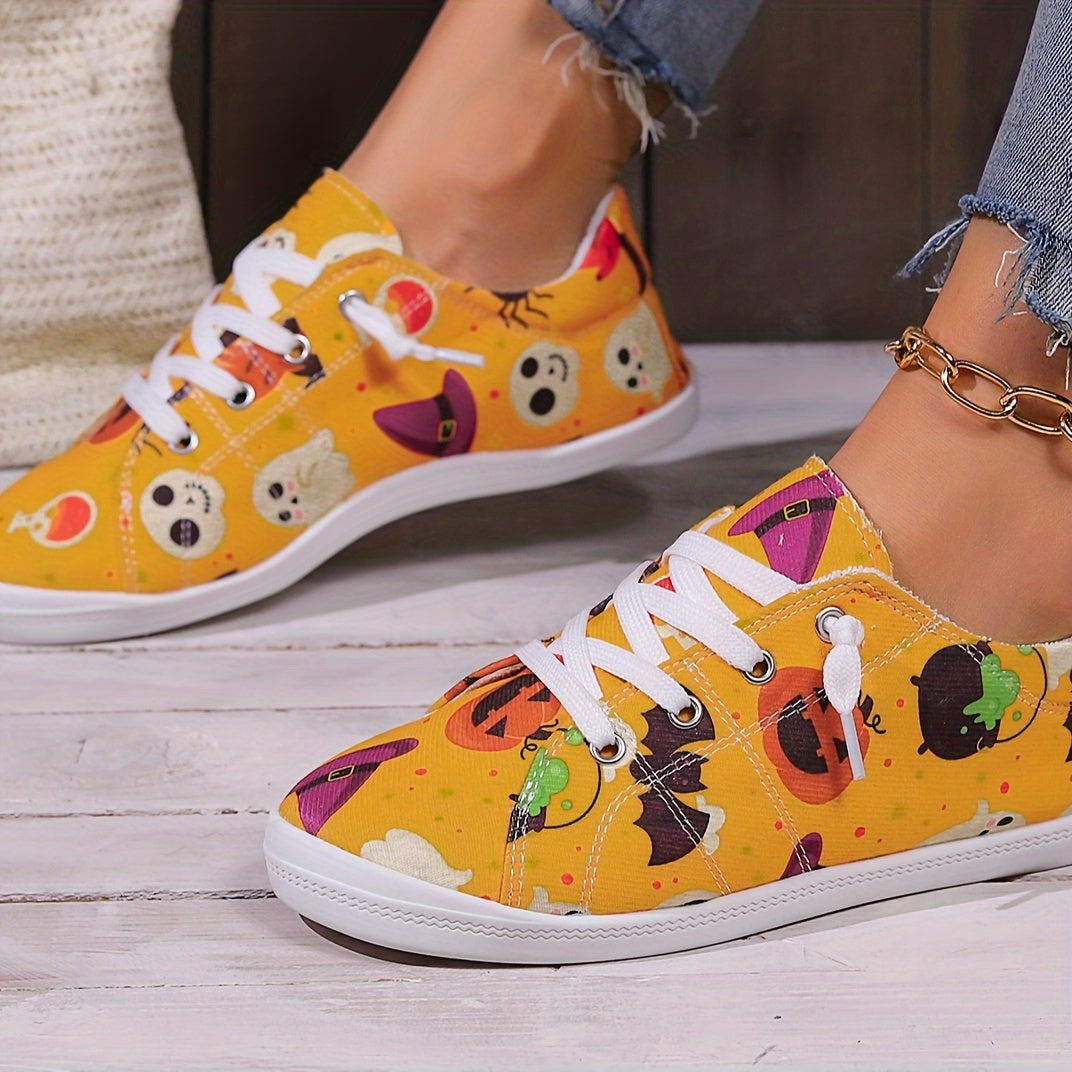 Festive Fun: Women's Cartoon Print Canvas Shoes - Slip-on, Comfy, Lightweight Halloween & Christmas Shoes