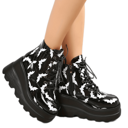 Stylish Halloween Platform Ankle Boots: Women's Bat Pattern Wedge Heeled Boots