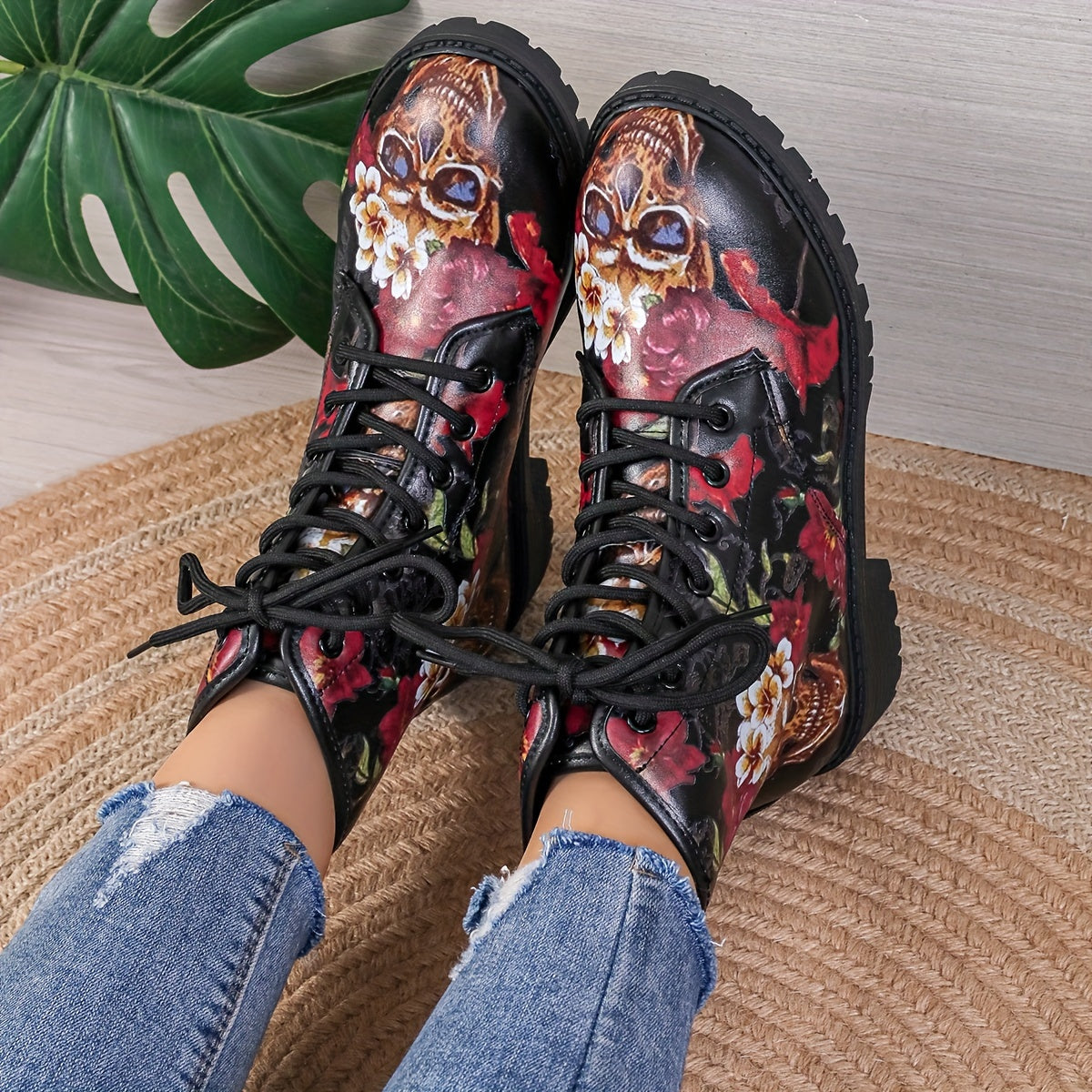 Fearlessly Fashionable: Women's Skull Floral Print Ankle Boots - The Ultimate Halloween Statement