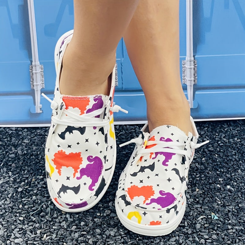 Funny Lace-Up Canvas Shoes: Comfortable and Lightweight Halloween Print Slip-On Flats for Women