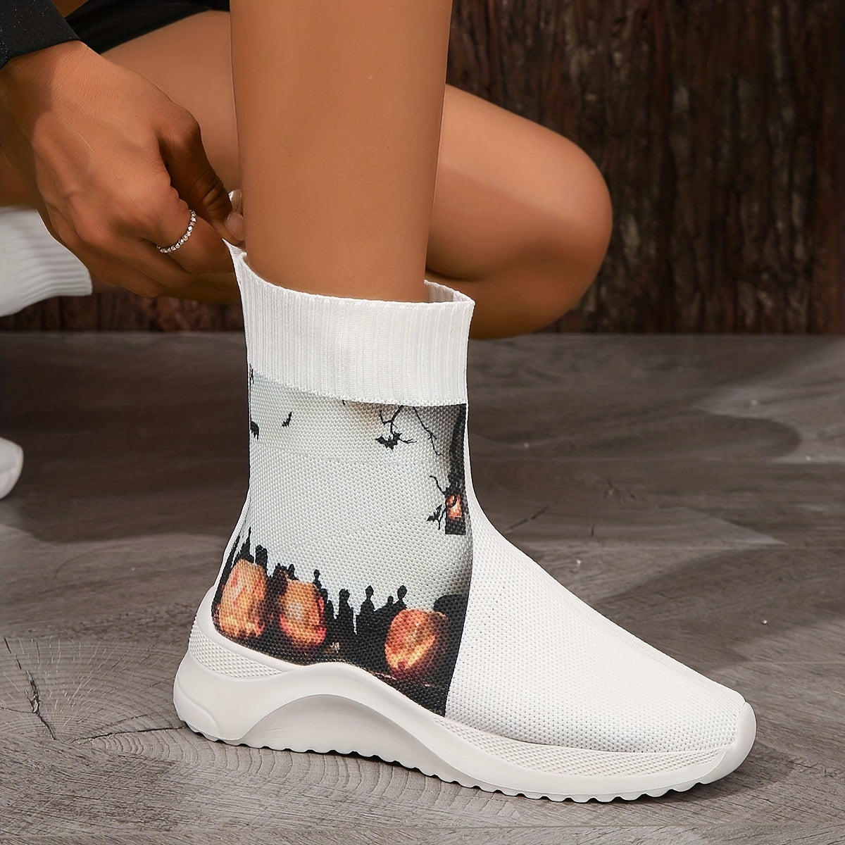 Pumpkin Devil Print Sock Boots: Spook-tacular Halloween-themed Slip-Ons for Women!