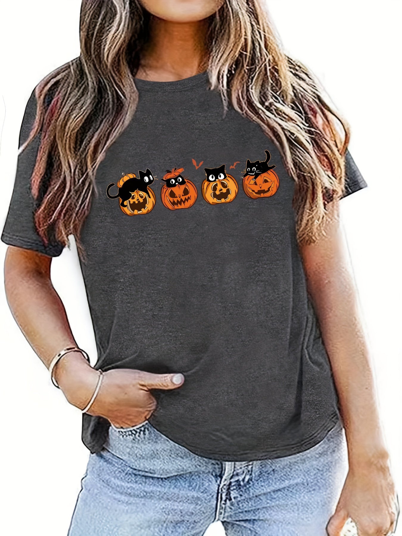 Halloween Pumpkin and Cat Pattern Tee: A Stylish and Spooky Addition to Your Women's Clothing Collection