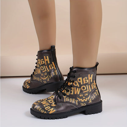 Casual Chic: Women's Halloween Print Ankle Boots with Lace-Up Combat Style and Anti-Slip Lug Sole