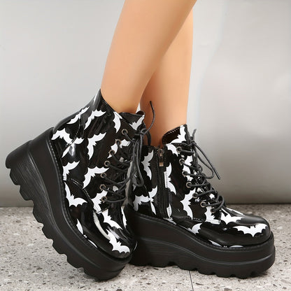 Stylish Halloween Platform Ankle Boots: Women's Bat Pattern Wedge Heeled Boots