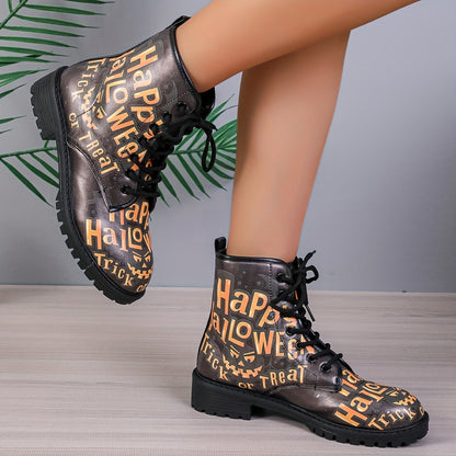 Casual Chic: Women's Halloween Print Ankle Boots with Lace-Up Combat Style and Anti-Slip Lug Sole