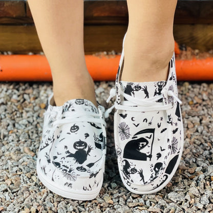 Spooktacular Women's Halloween Print Canvas Shoes: Lightweight, Low-Top, White Lace-Up Outdoor Shoes