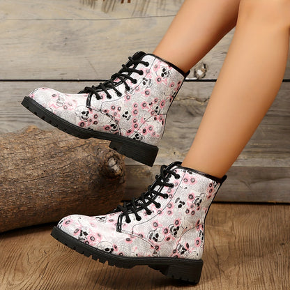 Spooky Chic: Women's Skull Pattern Combat Boots - Casual Halloween Lace-Up Ankle Boots