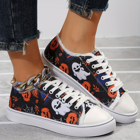 Halloween Ghost and Pumpkin Pattern Women's Canvas Shoes - Lightweight, Comfortable, and Stylish