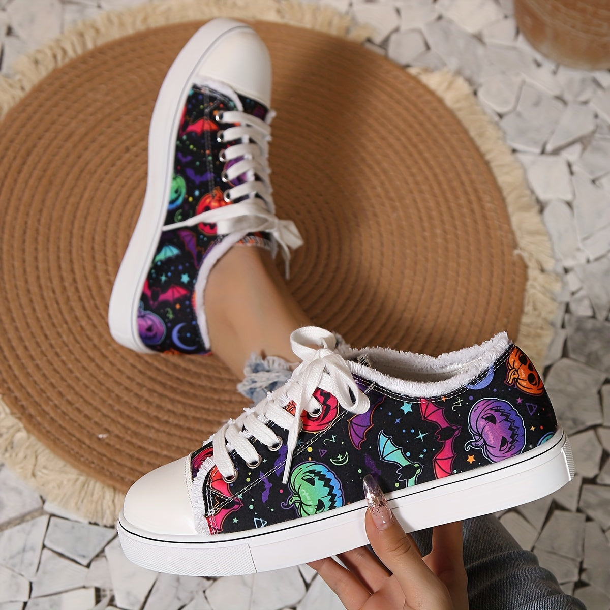 Stylish Women's Printed Canvas Shoes: Lightweight, Lace-Up Sneakers for Christmas and Halloween