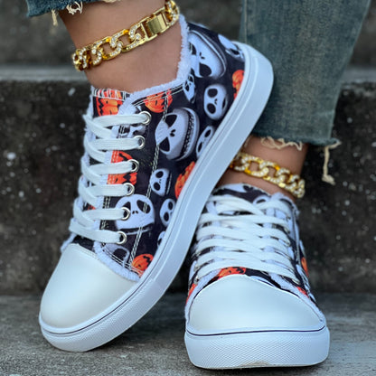 Womens Skull Pumpkin Pattern Canvas Shoes: Spooky and Stylish Halloween Footwear for Women