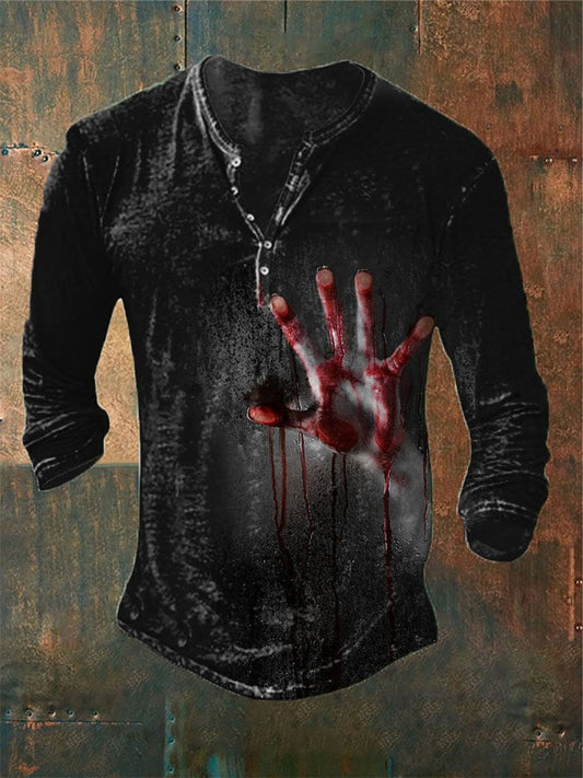 Men's Blood Hand Stain Halloween Horror Printed Casual Henley Shirt