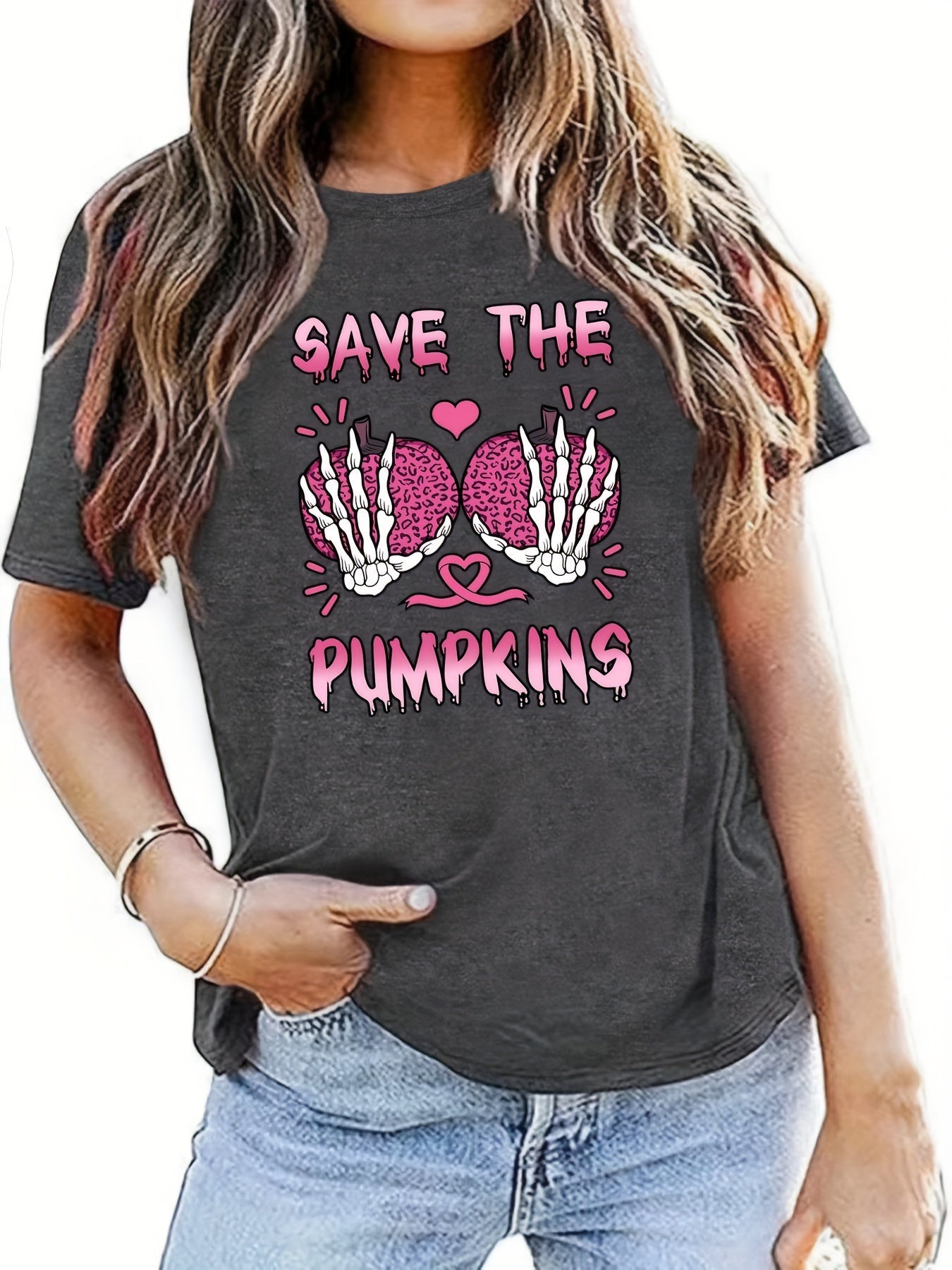 Fun Chic: Halloween Pumpkin Skull Print Tee for Women - Casual & Stylish Short Sleeve Crew Neck T-Shirt