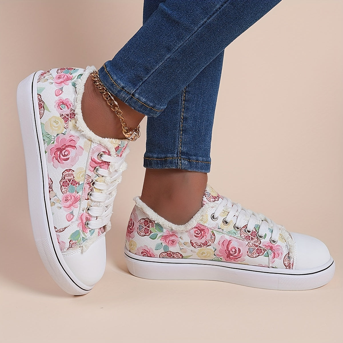 Halloween Rose & Skull Print Women's Flat Canvas Shoes, Casual Walking Sneakers