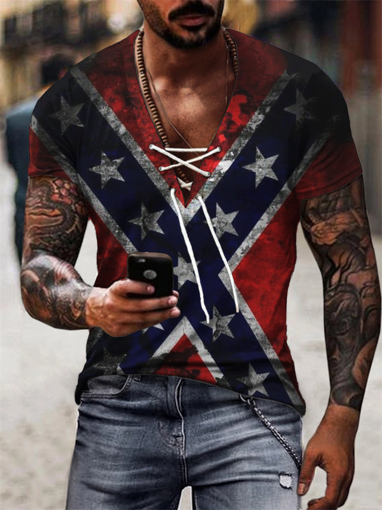 Men's Vintage Rock Band Rebel Flag Lace Up T Shirt