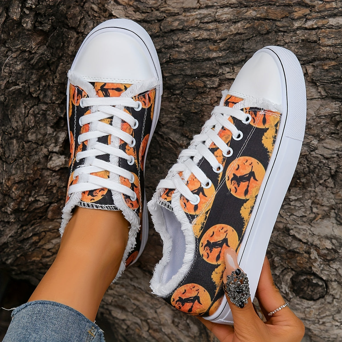 Halloween Pattern Canvas Shoes, Comfortable Women's Canvas Shoes with Lace-Up Closure and Round Toe