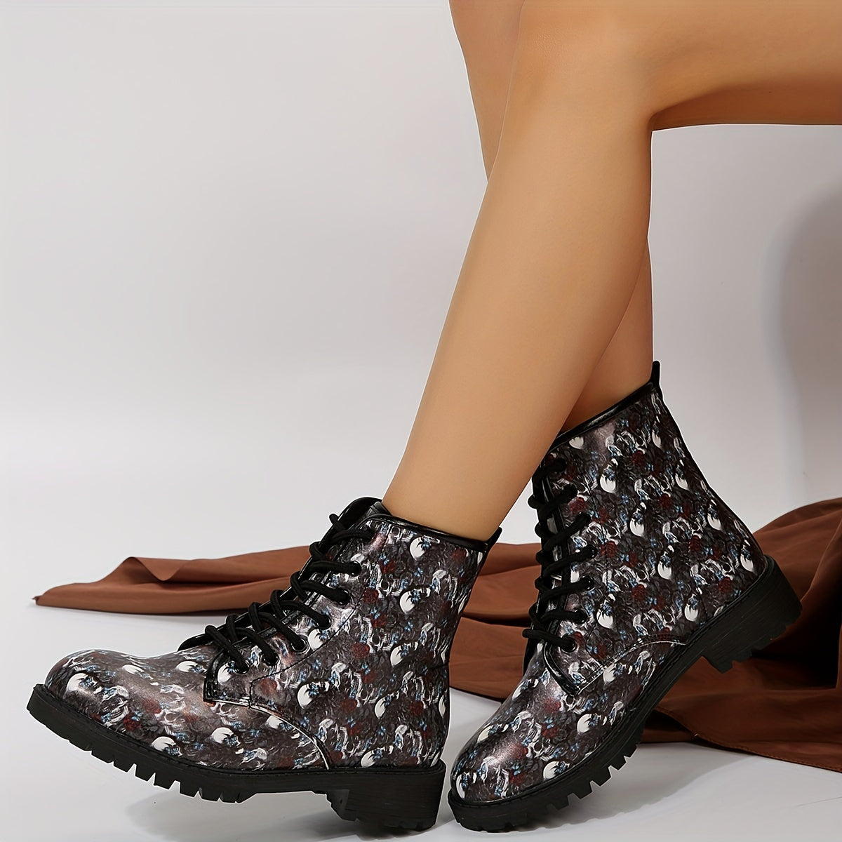 Womens Skull Rose Print Ankle Boots: Spooky Elegance for Halloween Fun