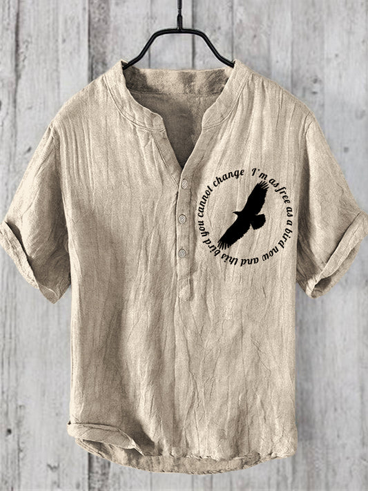 Eagles & Free Bird Print Casual Men's Linen Blend Shirt