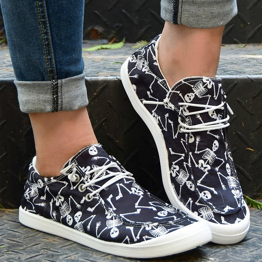 Lightweight Women's Skeleton Print Canvas Shoes - Lace-Up Halloween Loafers for Casual Low Top Sneakers