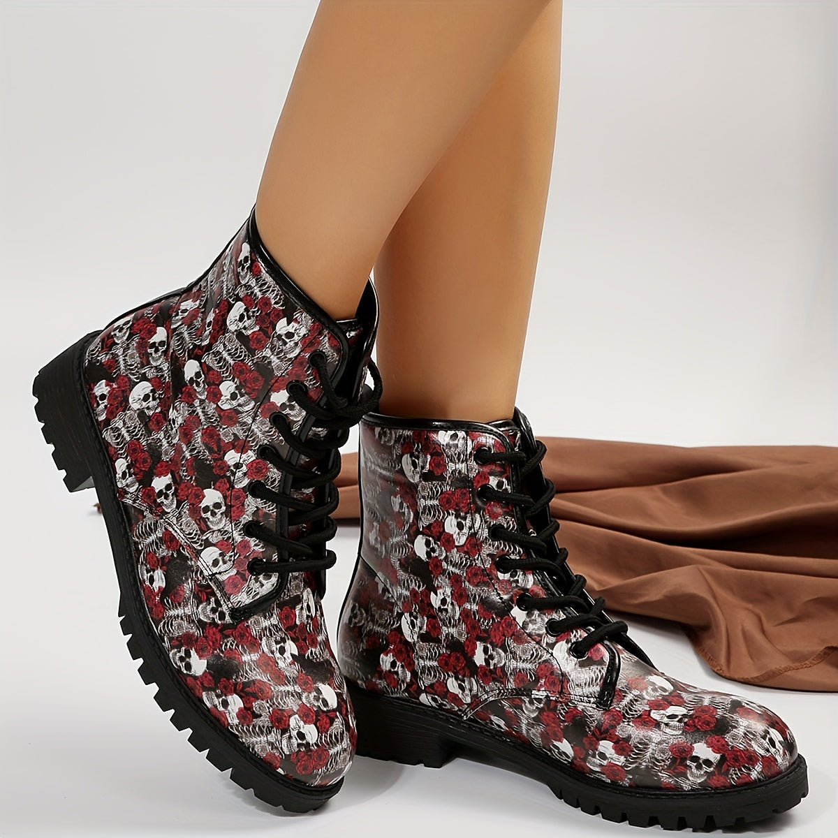 Skull Rose Patterned Women's Halloween Combat Boots: All-Match Lace-Up Shoes for a Spooky Stylish Look