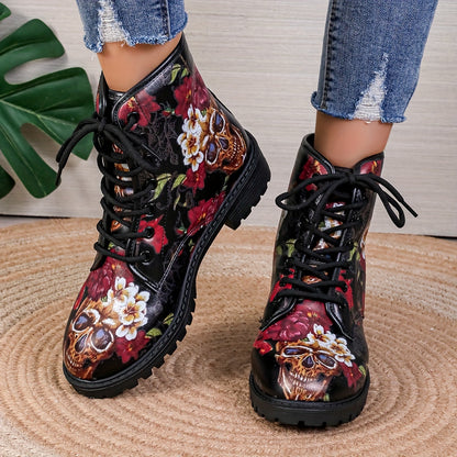 Fearlessly Fashionable: Women's Skull Floral Print Ankle Boots - The Ultimate Halloween Statement