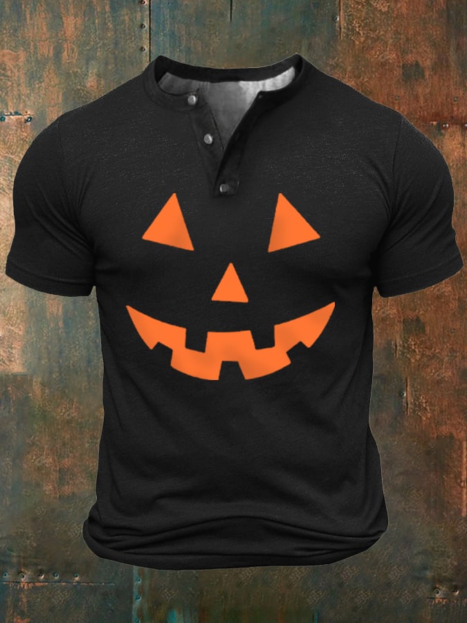 Men's Halloween Pumpkin Face Print Buttons Neck Top