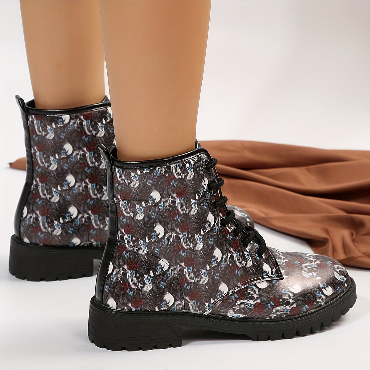 Womens Skull Rose Print Ankle Boots: Spooky Elegance for Halloween Fun