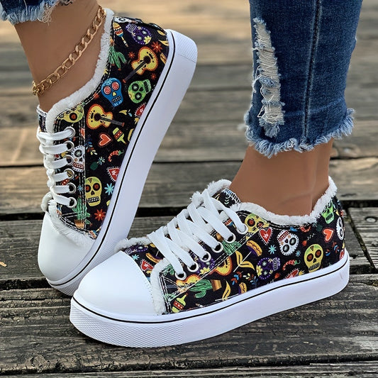 Women's Halloween Skull Pattern Canvas Sneakers: Spook up Your Style with Lace-Up Low Top Flats for Casual Walking