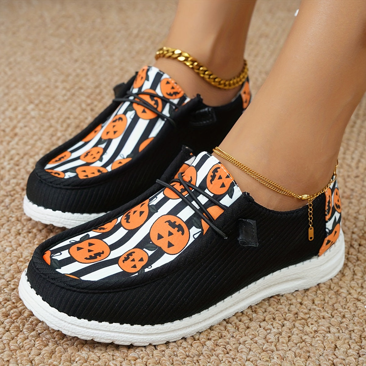 Stylish Women's Pumpkin Striped Print Canvas Shoes: Trendy and Lightweight Halloween Footwear