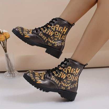 Casual Chic: Women's Halloween Print Ankle Boots with Lace-Up Combat Style and Anti-Slip Lug Sole