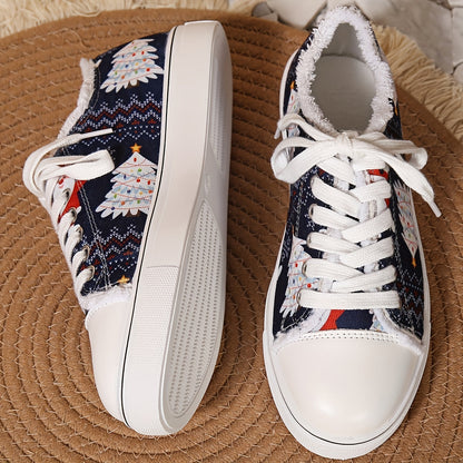 Stylish Women's Printed Canvas Shoes: Lightweight, Lace-Up Sneakers for Christmas and Halloween