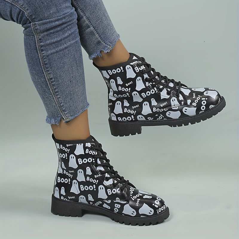 Halloween Haunt: Women's Ghost Print Combat Boots - Spooky Style with Comfort